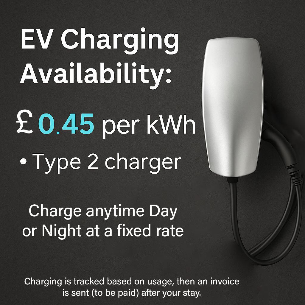 EV charging point available at The Mill Bank Retreat holiday home in Anglesey, North Wales. Type 2 charger, £0.45 per kWh, available day and night.