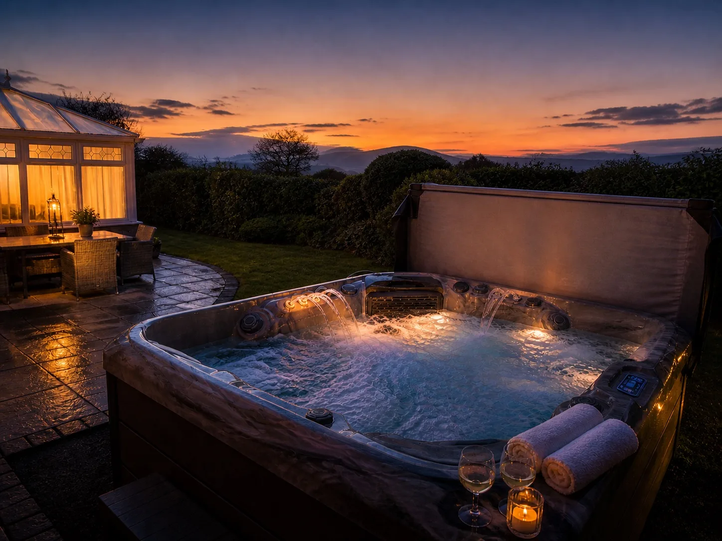 Bubbling private hot tub in the garden at sunset